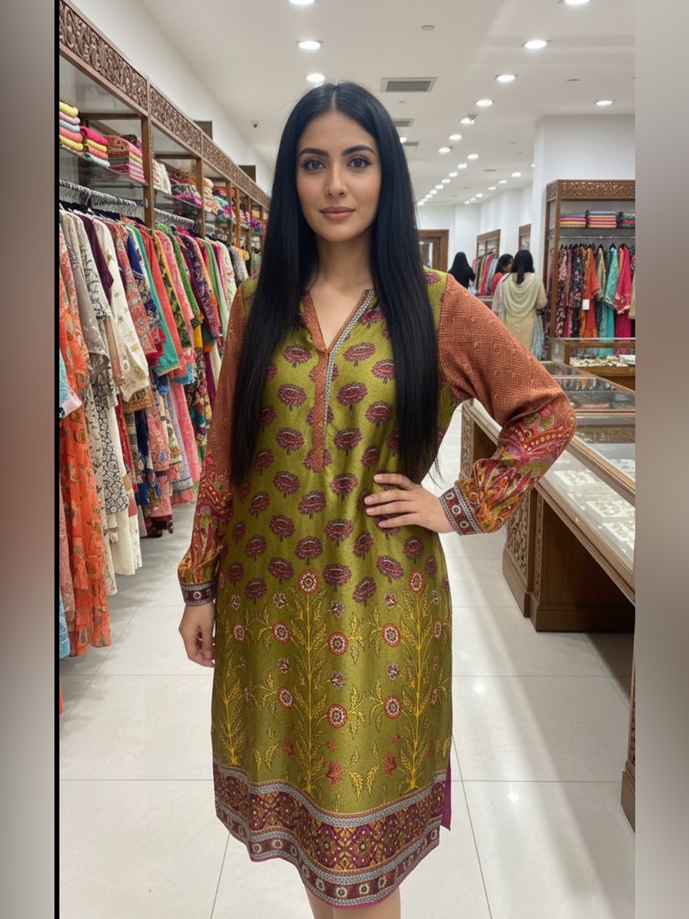Kurta made in India with Rust Sleeves 100% polyester Ptp 21